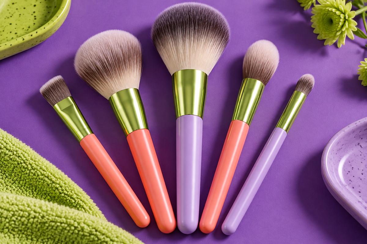 Makeupbørster med lilla og koralfarvede skafter arrangeret på en violet flade