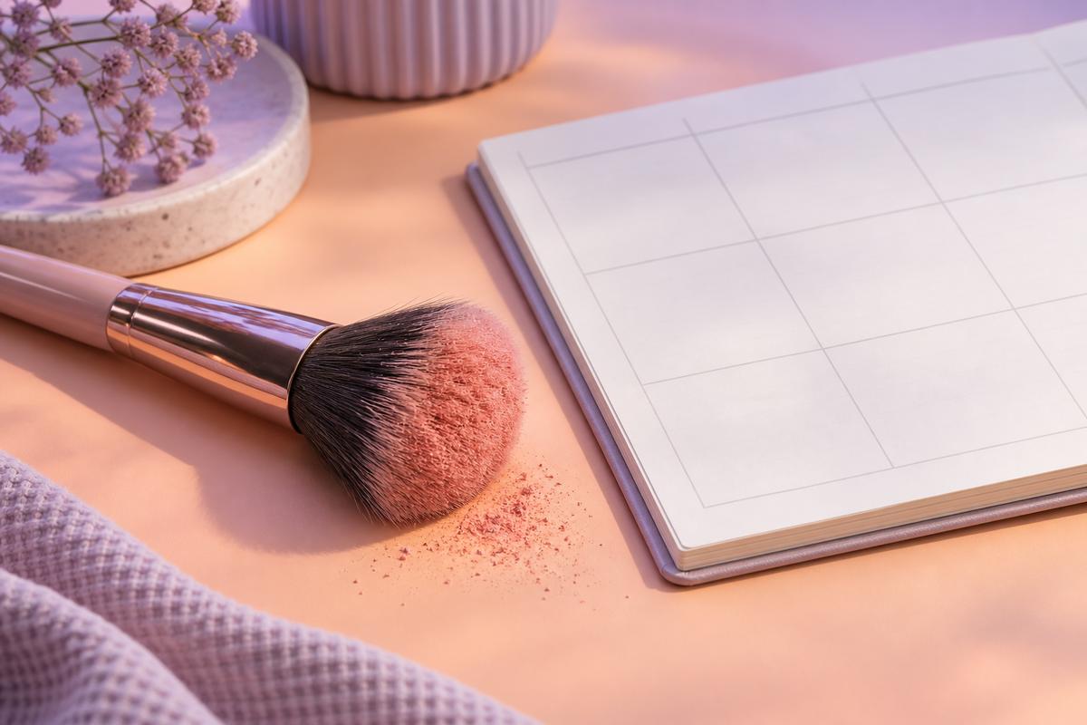 En blushbørste med lyserøde makeuprester ved en tom ugeplan