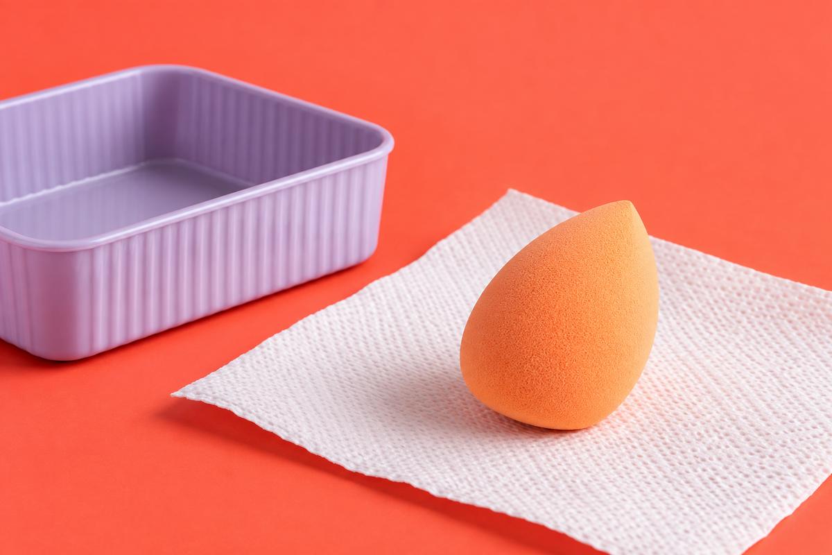 En ren orange makeupsvamp tørrer på hvidt køkkenrulle ved en lilla bakke