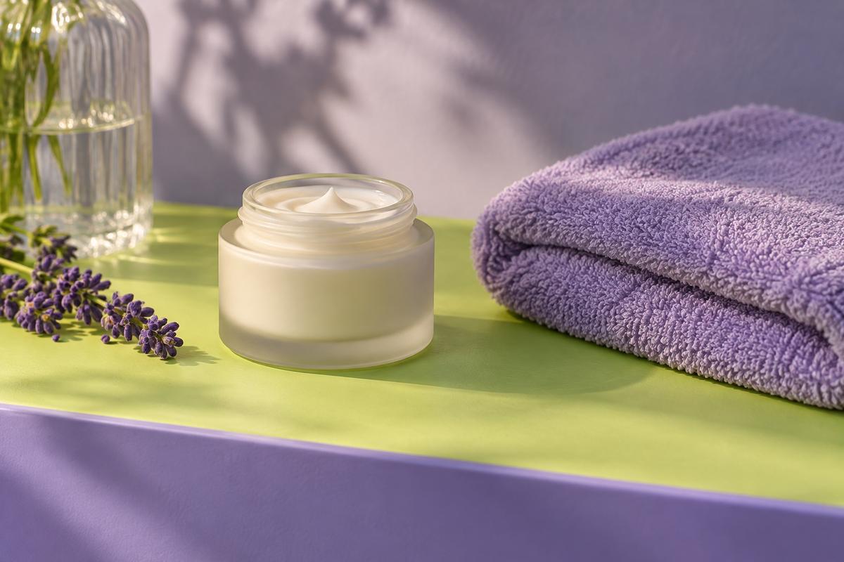 Fugtcreme og et blødt håndklæde på en farvet hylde