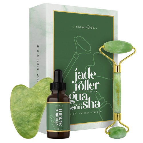 Jade Roller og Gua Sha med C-Vitamin Serum - Skønhedssæt